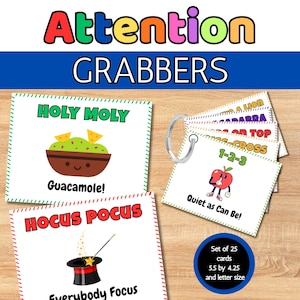 May include: A collection of educational flashcards with the title "Attention Grabbers". The cards display illustrations and phrases such as "Holy Moly Guacamole!" and "Quiet as Can Be!" The set contains 25 cards, each measuring 14 x 10.8 cm.