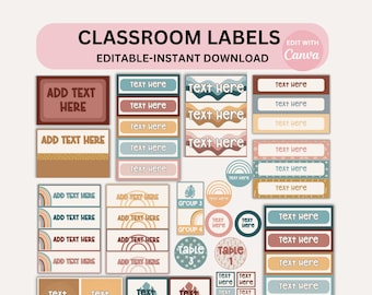 Modern Boho Classroom Labels: Editable Bin and Drawer Organization Canva Templates Digital Download