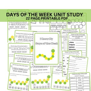 Puede incluir: Un estudio de unidad educativa imprimible de 22 páginas titulado "Days of the Week". El estudio presenta hojas de trabajo con actividades como búsquedas de palabras y ejercicios para completar. La portada presenta una oruga verde y amarilla.