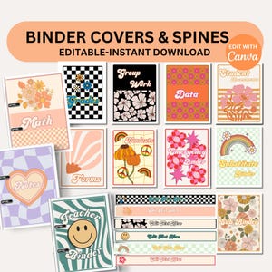 Classroom Binder Covers and Spines Editable Retro Teacher Organization PDFs Canva Editable Templates Binder Covers Groovy Retro