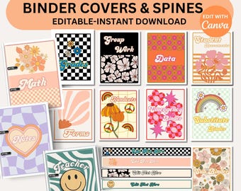 Classroom Binder Covers and Spines Editable Retro Teacher Organization PDFs Canva Editable Templates Binder Covers Groovy Retro