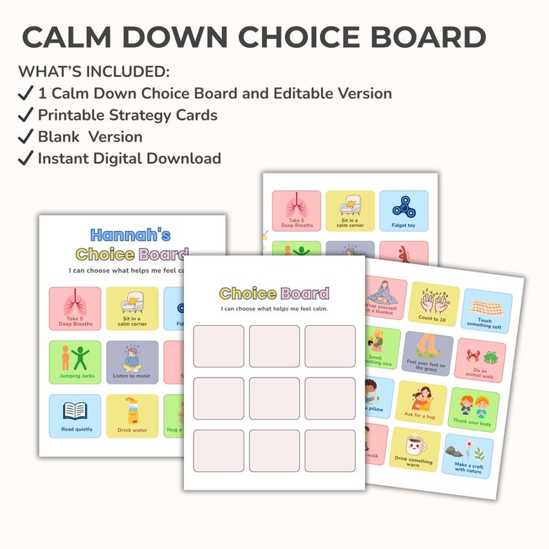 Calm Down Choice Board Printable, Kids Emotional Regulation Tool, SEL ...