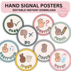 Classroom Hand Signals Poster Display Editable in Canva Boho Modern Classroom Management Teacher Templates Hand Signal classroom cards