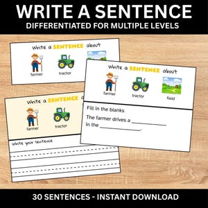 Może przedstawiać: Edukacyjne arkusze ćwiczeń z tekstem "Write a Sentence" oraz ilustracjami rolnika, traktora i pola. Arkusze ćwiczeń są przeznaczone dla wielu poziomów i zawierają ćwiczenia z lukami oraz polecenia pisania zdań. Widoczna jest również fraza "30 Sentences - Instant Download".
