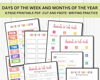 Days of the Week Months of the Year Printable Worksheets Kindergarten Homeschool Montessori Instant download Pre-K Learning Activity
