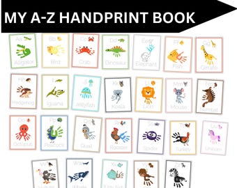 Pode incluir: Um livro de impressões de mãos de animais de A a Z com ilustrações coloridas de animais para cada letra do alfabeto. O livro é projetado para que as crianças possam usar suas mãos para criar impressões de mãos de animais.