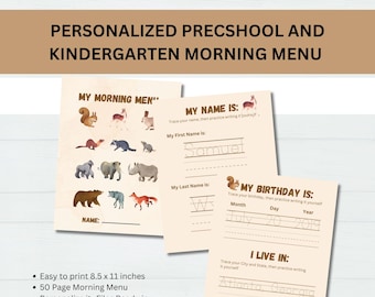 Menú matutino preescolar personalizado imprimible, educación en casa, preescolar, hojas de trabajo preescolar, menú de educación en casa, alfabeto, números, colores, atención plena