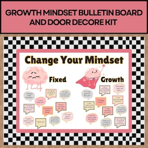 May include: A pink and yellow bulletin board with the text "Change Your Mindset" in black. The bulletin board is divided into two sections, "Fixed" and "Growth". Each section has a cartoon brain with speech bubbles containing phrases related to a fixed or growth mindset.