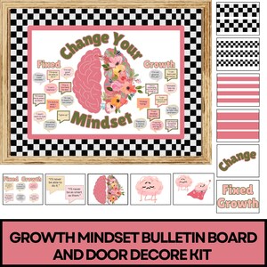 May include: A pink and green bulletin board set with the words "Change Your Mindset" and a brain graphic. The set includes a variety of printable posters and cutouts with positive affirmations and growth mindset quotes. The set is designed to help students develop a growth mindset and achieve their goals.