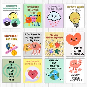 Puede incluir: Una colección de tarjetas ilustradas coloridas con mensajes positivos. Las tarjetas presentan varios diseños, incluyendo una bombilla, una nube, un cerebro y un corazón, con frases como "Todos pertenecen aquí" y "Mentes diferentes hacen que el mundo sea mejor."