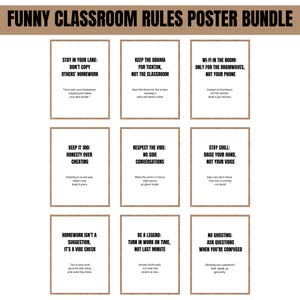 Könnte beinhalten: Ein Set von neun Klassenzimmer-Regel-Postern mit einer braunen Überschrift "FUNNY CLASSROOM RULES POSTER BUNDLE". Jedes Poster hat einen weißen Hintergrund und schwarzen Text. Regeln sind "Stay in your lane", "Keep the drama for TikTok" und "Wi-Fi in the room".