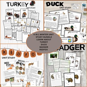 Peut inclure: Un ensemble d'étude d'unité d'hiver 4 en 1 avec des documents pédagogiques sur les dindes, les canards, les blaireaux et les renards roux. L'ensemble comprend des feuilles de travail, des illustrations et du texte.
