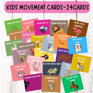 Op de afbeelding: Een set van 24 kleurrijke kaarten met dierillustraties en bewegingsaanwijzingen voor kinderen. Elke kaart toont een ander dier en een bijbehorende actie, zoals "Spring als een kikker" of "Waggelt als een eend".