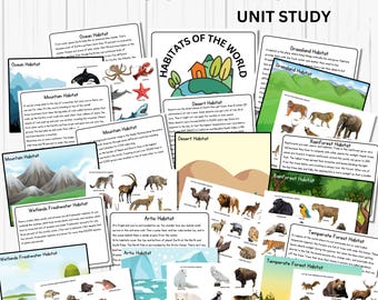 May include: A colorful educational poster with the title "Habitats of the World Unit Study". The poster features images of different animals and their habitats, including mountains, deserts, grasslands, rainforests, oceans, wetlands, and the Arctic.