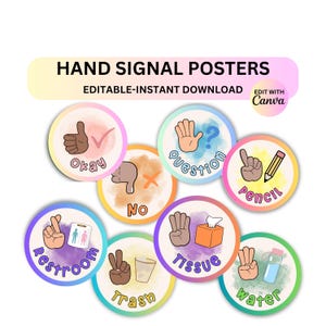 Classroom Hand Signals Poster Display Editable in Canva Watercolor Modern Classroom Management Teacher Templates Hand Signal classroom cards