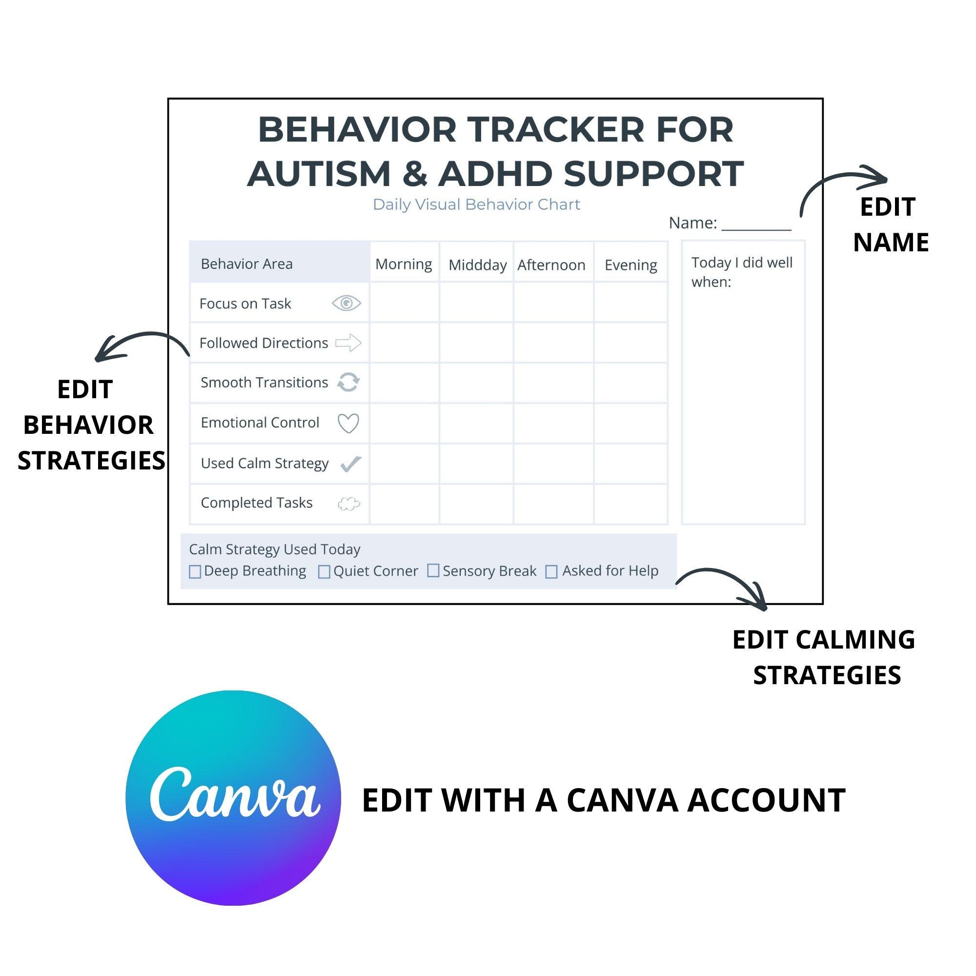 Autism ADHD Behavior Tracker Printable, Daily Routine Chart, Weekly ...