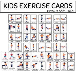 May include: Kids exercise cards with illustrations of various exercises, including lunges, pushups, and twists. The cards are labeled with exercise names and are designed for instant download.