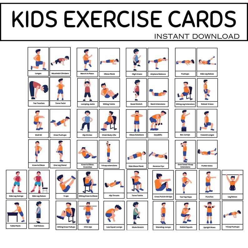 May include: Kids exercise cards with illustrations of various exercises, including lunges, pushups, and twists. The cards are labeled with exercise names and are designed for instant download.