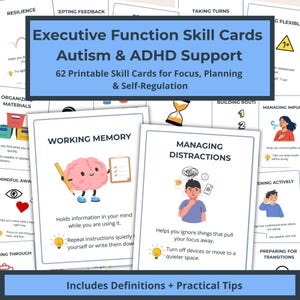 Könnte beinhalten: Executive Function Skill Cards für Autismus & ADHS-Unterstützung. Die Karten enthalten Definitionen und praktische Tipps für Fokus, Planung und Selbstregulierung. Die Karten zeigen Illustrationen und Text, mit einem rosa Gehirn und einer Person mit Sprechblase.