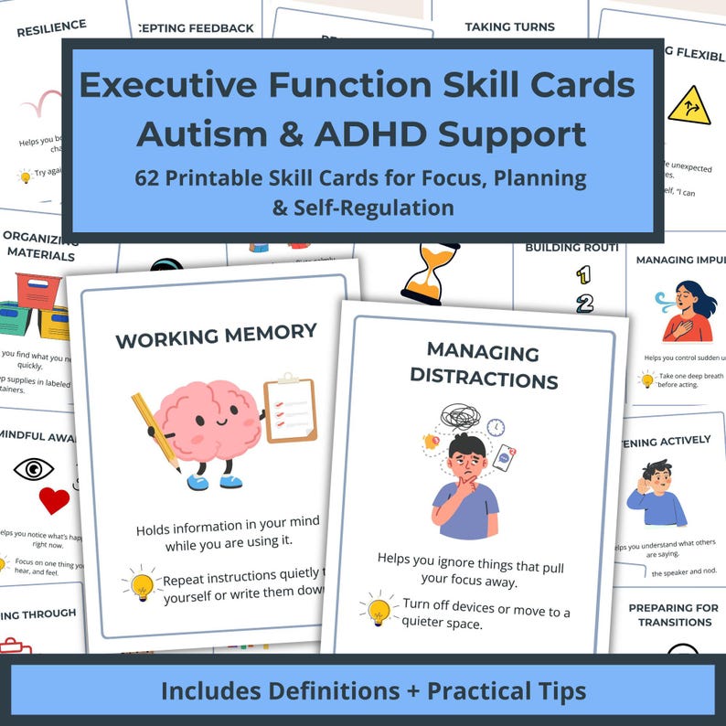 K&ouml;nnte beinhalten: Executive Function Skill Cards f&uuml;r Autismus & ADHS-Unterst&uuml;tzung. Die Karten enthalten Definitionen und praktische Tipps f&uuml;r Fokus, Planung und Selbstregulierung. Die Karten zeigen Illustrationen und Text, mit einem rosa Gehirn und einer Person mit Sprechblase.