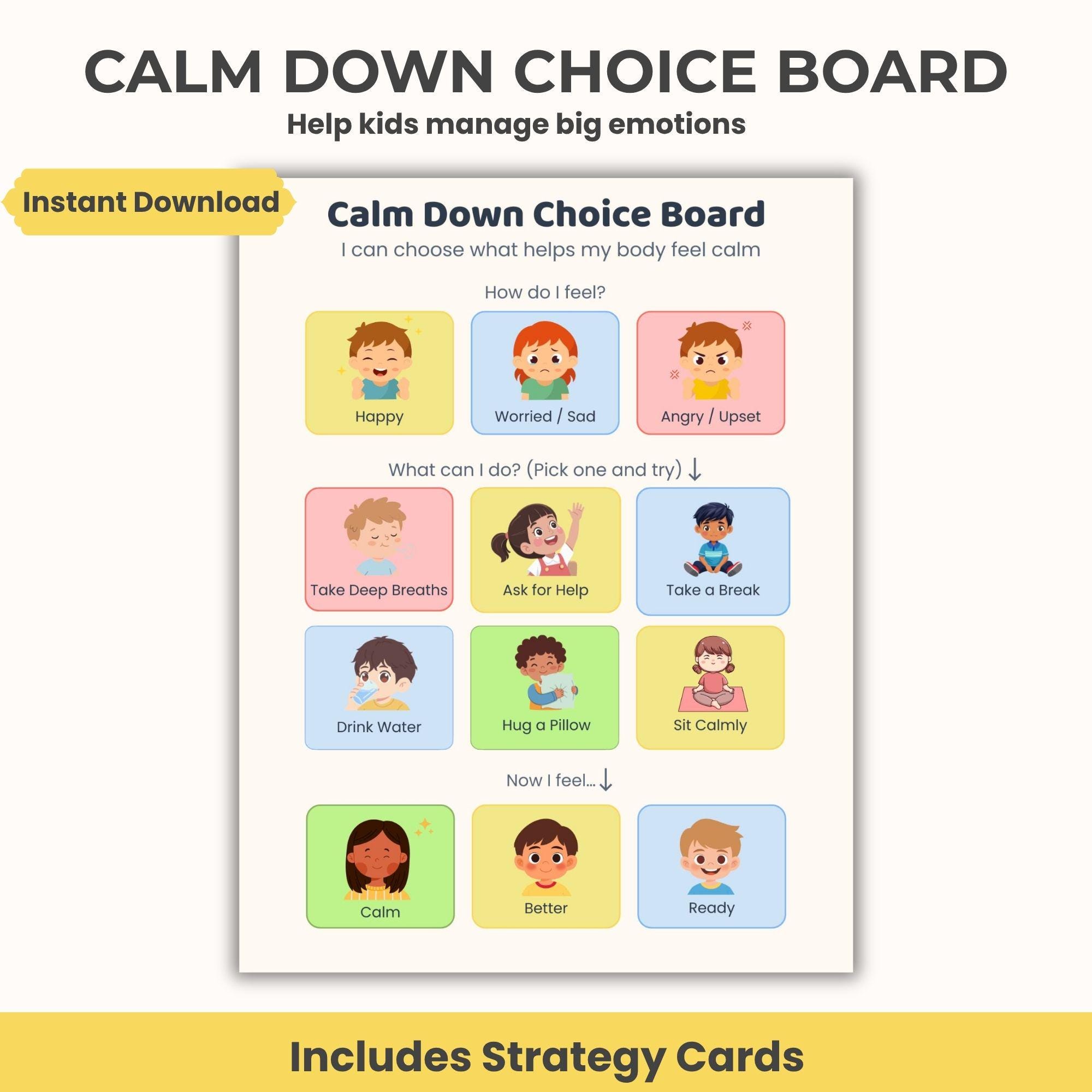 Calm Down Choice Board Printable, Emotional Regulation Tool, SEL Visual ...