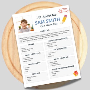 May include: A printed sheet titled "All About Me" featuring a photo of a young boy named Sam Smith, who is 8 years old. The sheet includes sections detailing his preferences, communication style, strengths, and needs. A pencil and star graphic are in the top right corner.