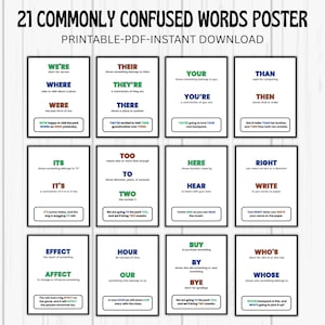 May include: A poster titled "21 Commonly Confused Words" with examples of words like "there," "their," and "they're." The poster is a printable PDF for instant download. Each word is in a black frame with white text.