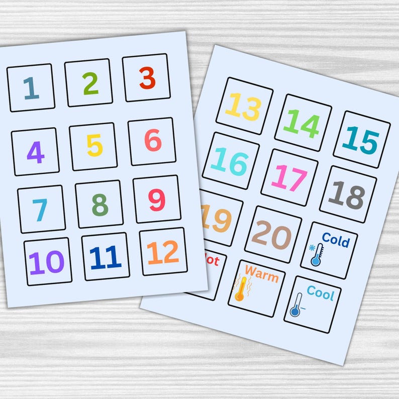 Op de afbeelding: Twee bedrukbare bladen in blauw en wit met de nummers 1 tot en met 20 in kleurrijke vierkanten. De onderkant van het tweede blad heeft drie thermometers met de woorden "Koud", "Warm" en "Koel" eronder.