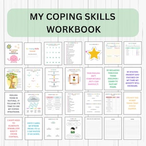 May include: A colorful workbook with the title "My Coping Skills Workbook". The workbook is divided into sections with different coping skills, such as "Breathing Techniques", "Identifying My Triggers", and "My Coping Journal".