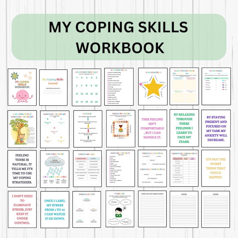 May include: A colorful workbook with the title "My Coping Skills Workbook". The workbook is divided into sections with different coping skills, such as "Breathing Techniques", "Identifying My Triggers", and "My Coping Journal".
