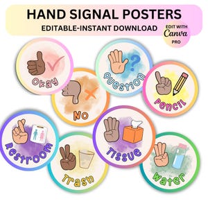 Classroom Hand Signals Poster Display Editable in Canva Watercolor Modern Classroom Management Teacher Templates Hand Signal classroom cards