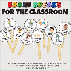Op de afbeelding: Een verzameling geïllustreerde brainbreak-kaarten voor in de klas. Elke kaart toont een andere activiteit, zoals "Hoge knieën" en "Robotdans". De kaarten zitten op houten stokjes, met bovenaan de tekst "BRAIN BREAKS FOR THE CLASSROOM".
