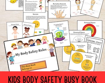 May include: A colorful busy book for kids about body safety. The cover features a group of children holding a sign that says "My Body Safety Rules". The book includes illustrations and activities to help children learn about personal space, private parts, and how to stay safe.