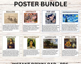 Poster per l'aula d'arte, stampabile, decorazione per l'aula, set di poster per l'aula, bacheca per insegnanti d'arte per la scuola elementare, media e superiore. Tipi di arte