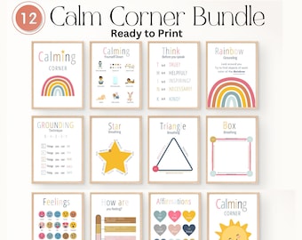 Set of 12 Soft Boho Calming Corner Posters Coping Techniques Wall Art for Kids Calm Down Skills Classroom Management Mental Health Prints