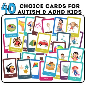 Op de afbeelding: Een set van 40 kleurrijke keuzekaarten voor kinderen met autisme en ADHD. De kaarten tonen verschillende activiteiten en objecten, zoals kinetisch zand, sensorische ballen, auto's, speelgoed, puzzels en poppen.