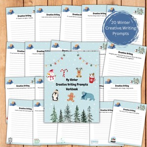 May include: A collection of winter-themed creative writing prompts. The workbook cover features a snowman, candy cane, reindeer, and other winter icons. The pages are light blue with writing prompts and space for writing. The text reads "20 Winter Creative Writing Prompts."