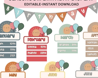 Afdrukbare weergave verjaardag in de klas bewerkbaar in canva Boho Modern klasmanagement decor pdf's + sjablonen voor leraar Verjaardagsweergave