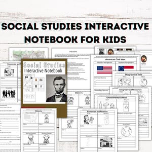 Puede incluir: Un conjunto de páginas de cuaderno interactivo de estudios sociales imprimibles para niños. Las páginas presentan ilustraciones en blanco y negro y cuadros de texto para que los estudiantes los rellenen. Los temas incluyen economía, geografía, ciudadanía y la Guerra Civil estadounidense.