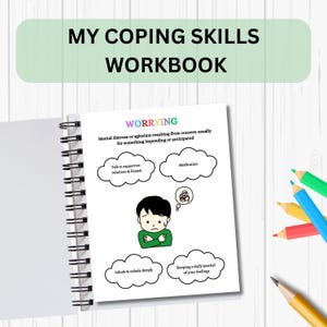 May include: A black and white illustration of a person with a thought bubble above their head. The thought bubble contains a tangled mess of lines. The text "WORRYING" is at the top of the page. The text below the illustration reads "Mental distress or agitation resulting from concern usually for something impending or anticipated". Four thought bubbles surround the illustration, each with a coping skill listed: "Talk to supportive relatives & friend", "Meditation", "Inhale & exhale deeply", and "Keeping a daily journal of your feelings".