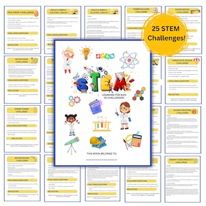 Może przedstawiać: Kolorowa okładka książki z tytułem "STEM Learning for Kids 25 Challenges!" zawiera ilustracje dzieci w fartuchach laboratoryjnych, narzędzi naukowych oraz tekst "Ta książka należy do:" z pustą linią na imię.