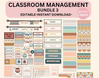 Editable Classroom Organization Modern Boho Bundle Printable Canva Templates Calendar Labels Binder Cover Borders PDF + Editable Files
