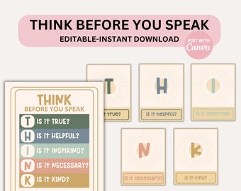 Peut inclure: Une affiche imprimable avec le texte "Pensez avant de parler" et l'acronyme THINK avec chaque lettre représentant une question : T - Est-ce vrai ? H - Est-ce utile ? I - Est-ce inspirant ? N - Est-ce nécessaire ? K - Est-ce gentil ?