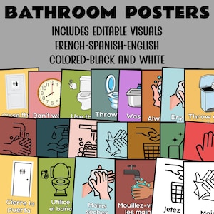 Bathroom Rules Posters - Restroom Signs for Kids- Classroom Management Posters- Spanish and French Bathroom School Posters Editable