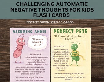 HORMIGAS - Tarjetas para el pensamiento negativo automático. Errores de pensamiento, tarjetas de TCC, distorsiones cognitivas, mentalidad, encuadre de pensamientos, herramientas terapéuticas.