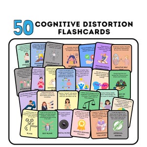 Op de afbeelding: Een set van 50 kleurrijke flashcards met illustraties en tekst die verschillende soorten cognitieve vervormingen beschrijven. De kaarten zijn in een rasterpatroon gerangschikt en bevatten een verscheidenheid aan personages en symbolen.