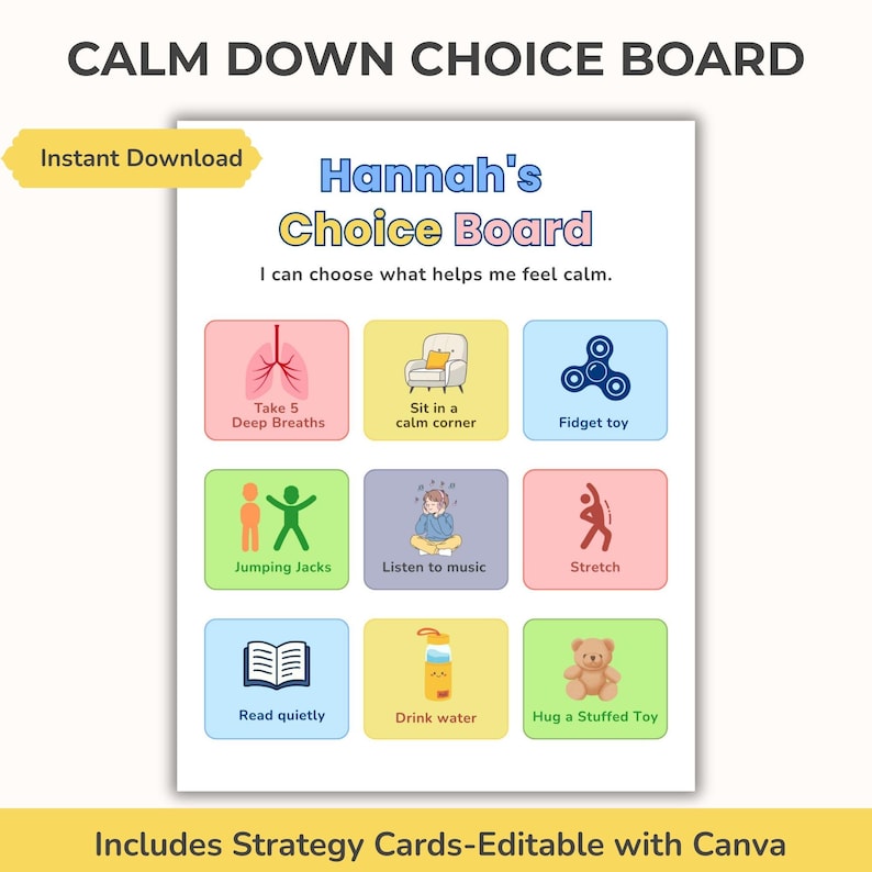 Calm Down Choice Board Printable, Kids Emotional Regulation Tool, SEL ...