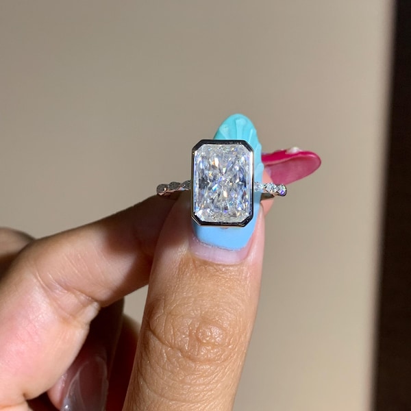 5ct Ice Crushed Radiant Cut Moissanite Ring: D Color, 925 Sterling Silver Bezel Setting