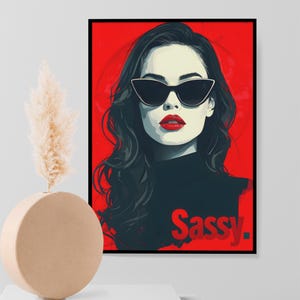 Boho Pop Art Print | Red Retro Woman with Cat Sunglasses | Colorful Chic Wall Art for Living Room | Instant Download | Home Decor