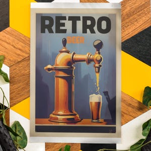 Retro bierposter digitale kunst, vintage bierliefhebber cadeau voor hem, mangrot muurdecoratie, leuke woondecoratie afdrukbaar, bier digitale muurkunst